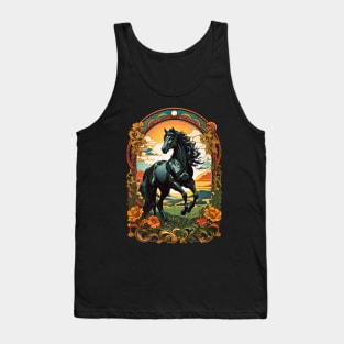 Black Horse Stallion Sunset retro vintage floral design Tank Top